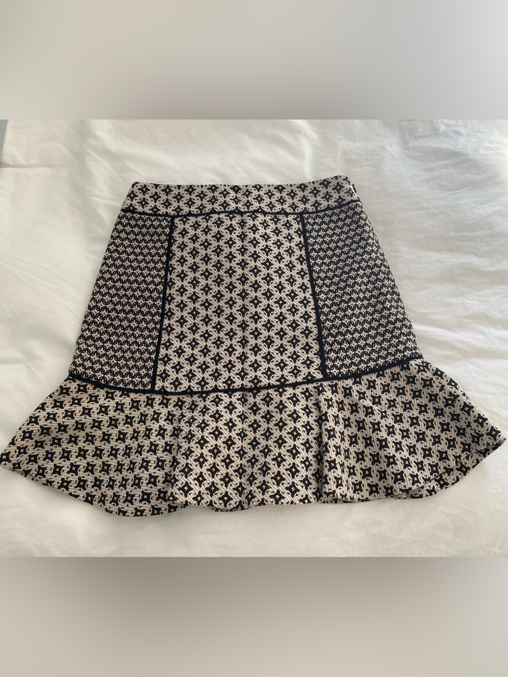 LOFT Black and Cream Patterned A-Line Skirt with Flounce Hem